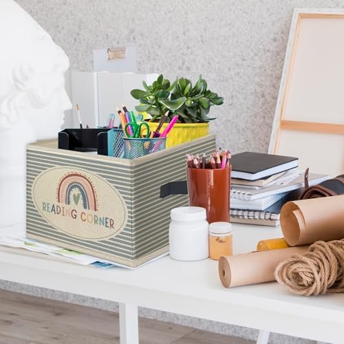 Boho Rainbow Reading Corner Foldable Storage Bins Box with Handles, Book Lovers Gifts Collapsible Toys Books Clothes Organizer Basket for Kids Nursery Reading Room Bedroom Classroom - Image 3