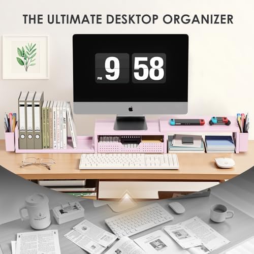 OPNICE Desk Organizers and Accessories, Dual Monitor Stand Riser with Drawer and 2 Pen Holders, Desk Shelf Computer Racks & Printer Stand for Office Workspace Organizers, Desktop Organization (Pink) - Image 5