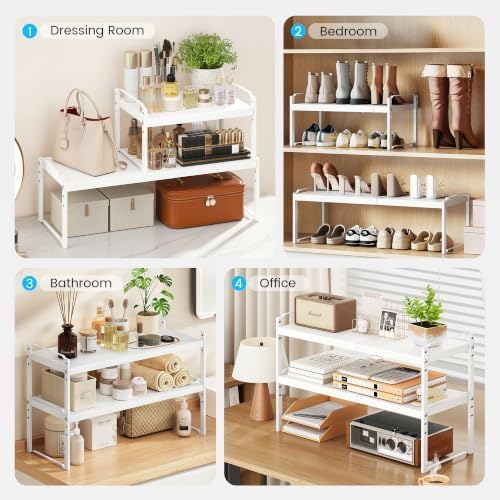 Cawukege Expandable Cabinet Organizer Shelf, Metal Countertop Storage Shelves, Heavy Duty Adjustable Spice Rack Stackable for Kitchen Pantry Storage Rack (White, 14.2-24.8" L x 10.63" W x 8.66" H) - Image 5