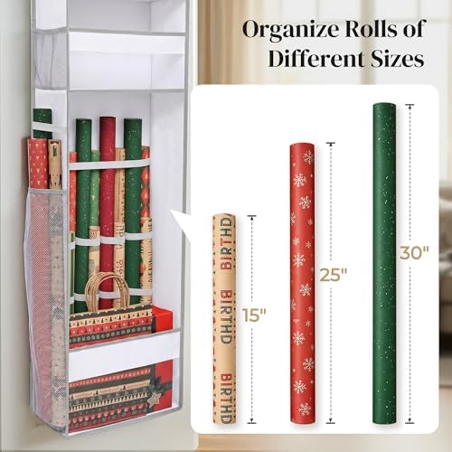 Wrapping Paper Storage Organizer – Over The Door Hanging Gift Wrap Holder for 15-30" Rolls, Space Saving Closet Organizer for Christmas, Halloween, Birthday with Side Mesh Pockets White - Image 5