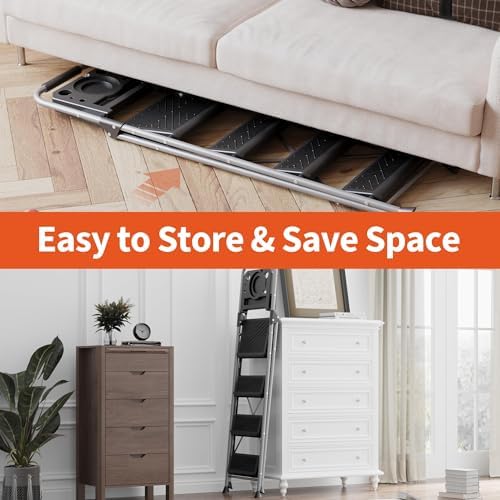 4 Step Ladder, Folding Step Stool with Tool Platform, Wide Anti-Slip Pedal and Anti-Slip Feet, Sturdiest Steel Construction, 900lbs Capacity Steel Ladder, Installation Free, Grey - Image 6