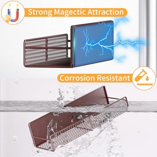 Magnetic Spice Rack for Refrigerator, 2 Pack 100% Metal Strong Magnet Shelf, Space Saving Spice Organizer W/ Hooks, Movable Magnetic Fridge Shelf, Kitchen Home Laundry Room Storage Organization, Brown - Image 3