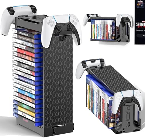 Video Game Storage Tower Holder with Controller Stand, Wall Mount Game Organizers and Storage for Nintendo Switch 2/ PS5/4/ XboxOne/Series, Vertical & Horizontal Stand for 20 Gaming Discs Accessories by Kytok