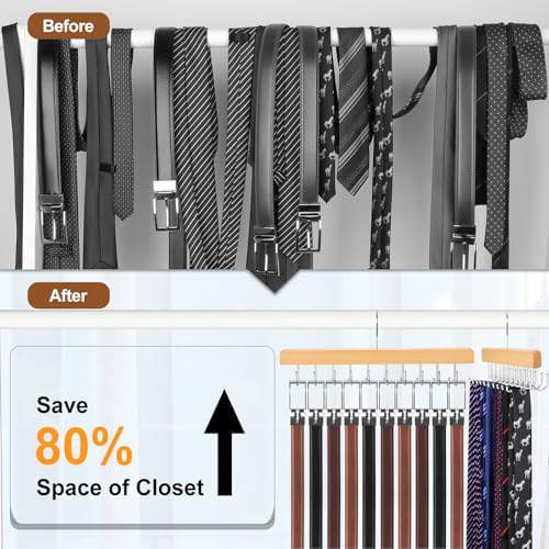 TOPIA HANGER 2 Pack 2 in 1 Belt Tie Hanger for Closet Max 60 Belts with 60 Ties Capacity, 20 Hooks Belt Tie Racks Wooden Hanger for Closet Organizer Space Saving “U” Fit Belt and “一” Fit Tie - CT59N - Image 4