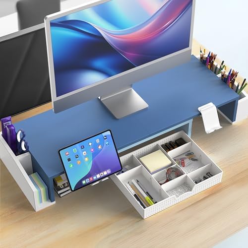 Simple Houseware Desk Dual Monitor Stand Riser with Drawer, Blue - Image 7