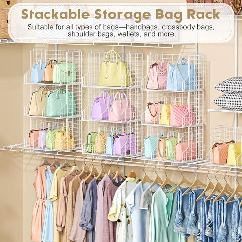 Sonyabecca Purse Storage Organizer for Closet : Adjustable 3-Pack Dividers Handbag Organizer - Stackable Wire Handbags Storage Baskets -Open Cabinets Wallets Tote Chain Bags Clutches -White - Image 5