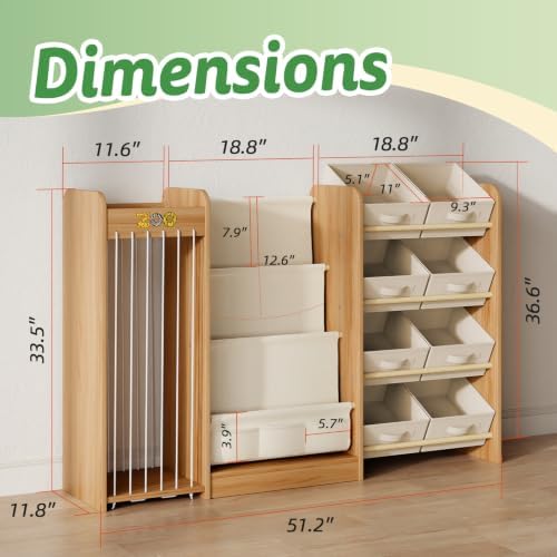 Kids Toy Organizer with Bookshelf & Stuffed Animal Storage, 51'', Burlywood - Image 2