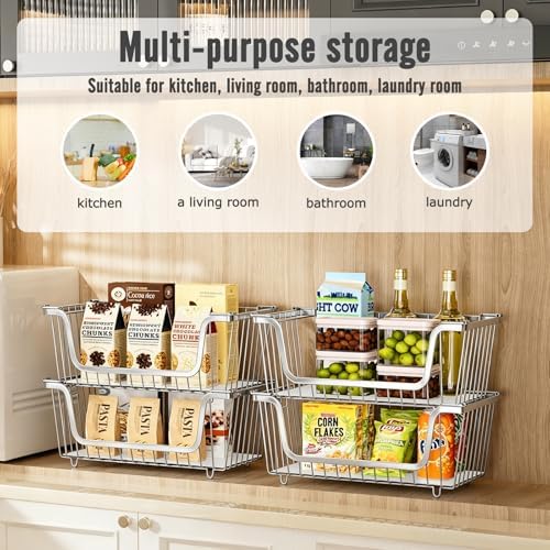 4 Pcs Stackable Wire Baskets for Pantry Organizers and Storage,silver - Image 3