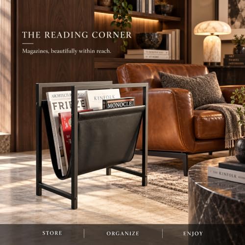 Modern Magazine Rack for Living Room and Office | Freestanding Metal and Leather Magazine Holder | Contemporary Storage Organizer for Books, Newspapers | Minimalist Home and Lounge Decor (Black) - Image 6