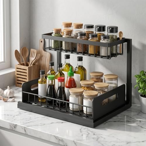 Under-Sink Storage Organizer (2-Pack) — Double-Tier Pull-Out Cabinet Organizer with Sliding Drawers ，Heavy-Duty & Versatile Storage Rack for Kitchen, Bathroom, and Pantry，Black - Image 6