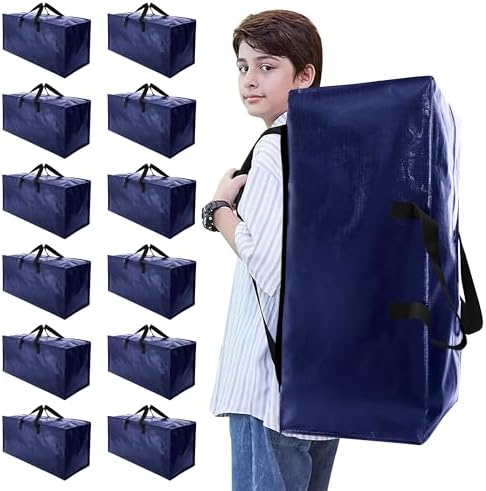 NATURELUX Heavy Duty Moving Bags with Backpack Straps and Strong Handles, Alternative to Moving Boxes and Storage Totes for Dorm Room Essentials, 12 Pack, Blue by NATURELUX
