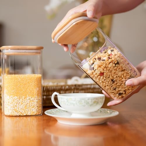 Liuruiyu 6 Pack Glass Food Storage Jars 37 oz,Glass Storage Containers Clear Glass Food Canister with Bamboo Lid Airtight For Serving Tea, Coffee, Flour, Sugar, Candy, Cookie, Spice and More (Square) - Image 2
