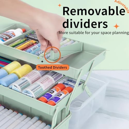 TERGOO 12.5in 3-Layer Multipurpose Craft Organizers and Storage with Adjustable Dividers, Portable Tackle Box, Folding Art & Craft Case for Medicine, Tool, Sewing Organizer (Haze Green) - Image 3
