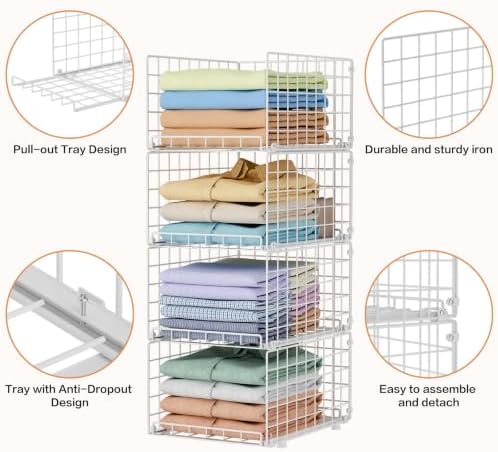 Yociyoga 4-Tier Stackable Closet Storage Shelves, Pull-Out Closet Shelf and Storage Basket Anti-Tipping, Space-Saving Clothes Storage Drawer for Closet System, Wardrobe, Bedroom & Dorm, White - Image 4