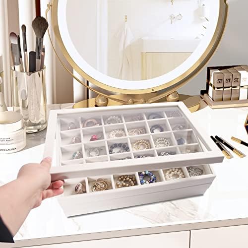 Coward Stackable Jewelry Trays Organizer Set with Clear Lid, Trays for Drawer, Earring Necklace Bracelet Ring Display Organizer (beige(ring+12girds+30girds+The glass lid)) - Image 6