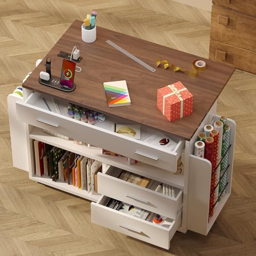 Gift Wrapping Station Cart with Foldable Drop Leaf, Crafting Storage Table - Image 3