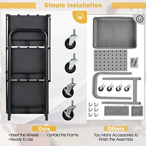 Goplus Folding Utility Cart on Wheels, 250lbs 3-Tier Rolling Tool Cart w/Lockable Casters & Compartments, Fast Fold up Collapsible Metal Service Cart for Office, Garage, Kitchen, Black - Image 5