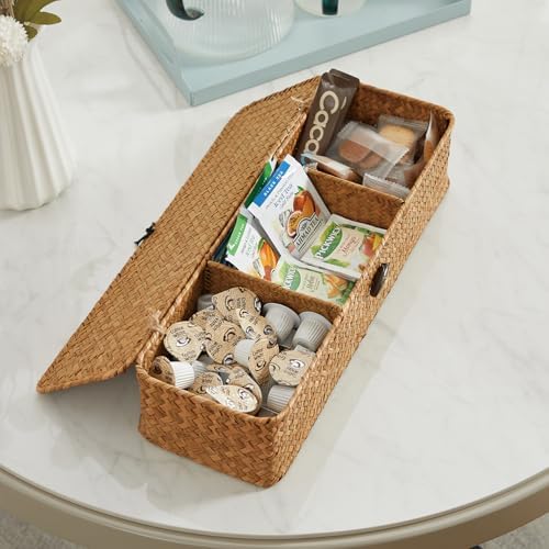 Nonam 3-Section Divided Storage Small Basket with Lid,Shelf Basket-Natural - Image 5