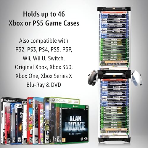 ADZ Universal Game Holder – 46 Game Storage Tower Rack for PS2 PS3 PS4 PS5 PSP Xbox 360 Xbox One Series X Wii Switch Games DVD and Blu-Ray Disks. Includes 2 Controller Mounts (White) - Image 3