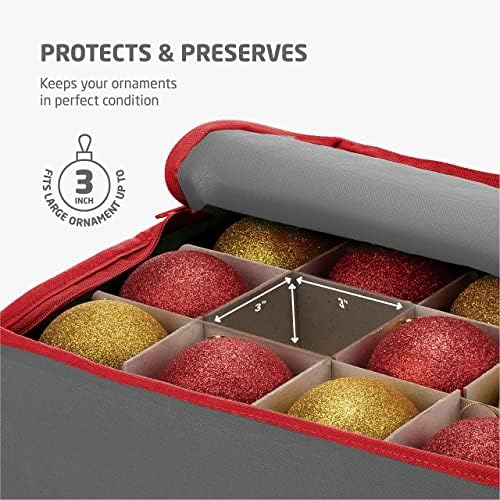 ZOBER Christmas Ornament Storage Box - Stores 64 3" Ornaments, With Dividers - Ornament Organizer Storage Box, Durable Christmas Containers Holder, Dual Zipper - Gray - Image 3