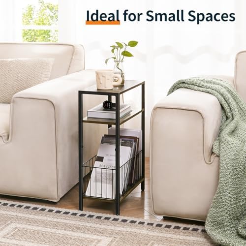 Narrow Side Table with Storage Basket Small End Table for Small Space,Brown - Image 4