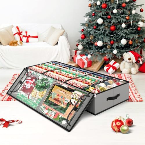 Fabspace Christmas Wrapping Paper Storage Containers, 40 Inch Gift Wrap Organizer, Visible Supplies Pockets for Xmas Accessories, Underbed Storage for Christmas Decorations, Grey - Image 6