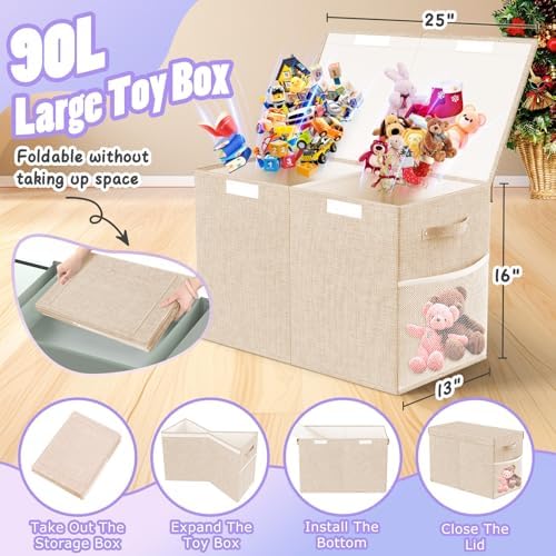 Large Toy Storage Box with Lid, Dividers, Collapsible Kids Toy Chest, Beige - Image 2