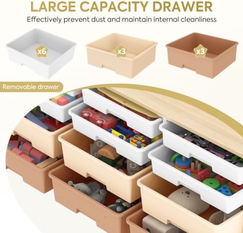 TOOLF 12 Drawers Storage Cabinet with Wooden Top and Plastic Bins,Brown - Image 5