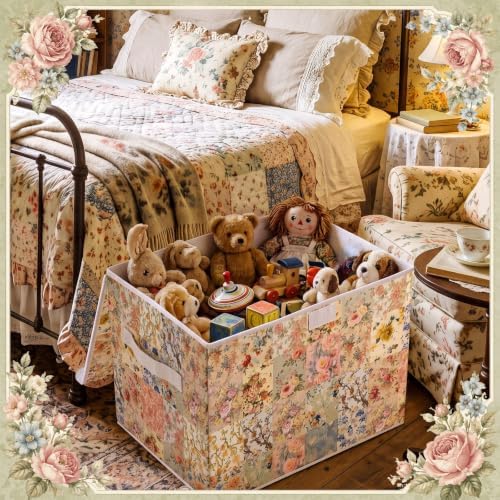 Briwooody Vintage Floral Storage Bin with Lid and Carrying Handle Retro Flower Foldable Storage Box Large Farmhouse Decorative Collapsible Container Basket for Organizing Closet Home Bedroom Gift - Image 6