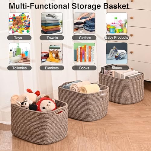 ICERZCZ Storage Baskets for Organizing Shelves, Woven Cotton Rope Bins for Baby Nursery Organization, Book Toy Towel Organizer, 15"x11"x9.5", 3 Packs, Dark Brown - Image 4
