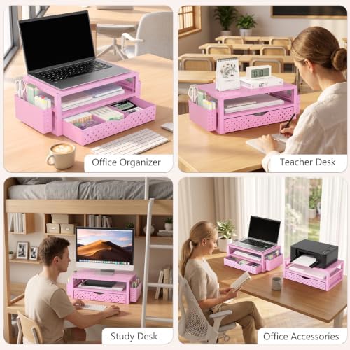 WALI Desk Organizer with Drawer and Pen Holder, 3 Tier Computer Monitor Stand for Home Office Supplies, Laptop Stand Riser for Computer, Laptop, Printer(PTT004-P), 1 Pack, Pink - Image 3