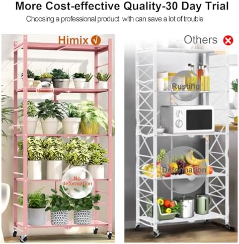 Himix 5-Tier Folding Storage Shelves with 20 Hooks Wheels Home Pink - Image 6