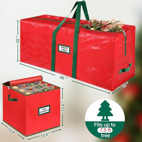 StorageRight Christmas Tree Bag & Ornament Storage Box Set, Water-Resistant 7.5 Ft Tree Storage & 64-Compartment Organizer with Dividers, Tag Pockets & Handles, Heavy-Duty Xmas Decor Containers, Red - Image 2