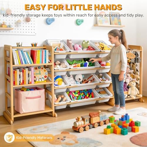 65" Large Toy Storage Organizer with Bins Shelves & Stuffed Animal Storage for Kids Wood Toddler Playroom Organization with Bookshelf Toys Box Wooden Organizers for Kids Room Nursery Bedroom - Image 5