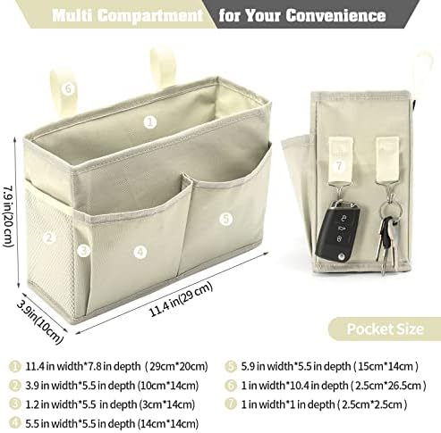Bseash Bunk Bed Organizer, Bedside Caddy Hanging Bed Organizer Storage Bag with 4 Pockets and 2 Hooks, for College Dorm Rooms Bed, Hospital Bed, Baby Bed Rails, 600D Oxford Cloth (Beige) - Image 2