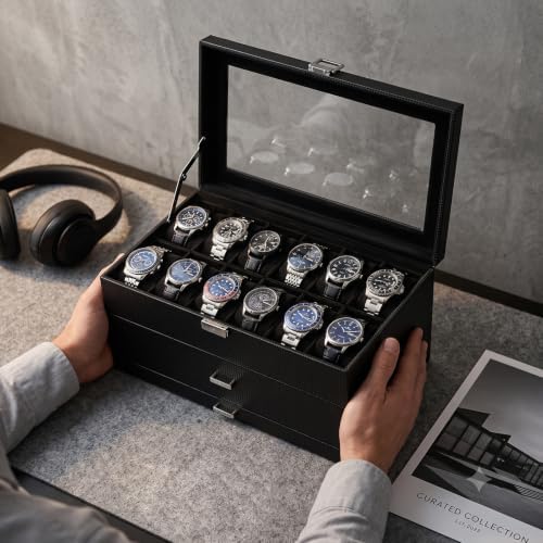 ProCase 3-Layer Watch Box with Glass Lid for Men, 24-Slot, Allblack - Image 7
