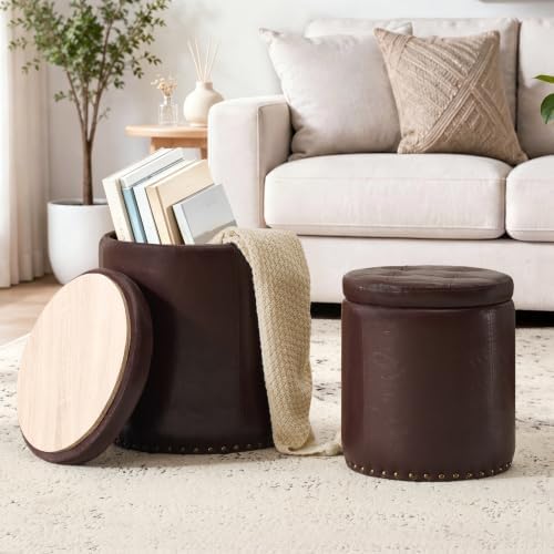 Royal Windsor Round Ottoman with Storage Set of 2, Faux Leather Button Tufted Vanity Stool, Storage Ottoman Coffee Table, Small Leather Foot Rest Stool for Living Room, Bedroom, Coffee by RoyalWindsor