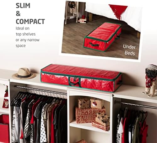 ZOBER Gift Wrapping Paper Organizer Storage - 40" Gift Wrap Storage Containers With Interior Pockets For Bows, Tags & Ribbons - Wrapping Paper Holder, Waterproof, Fits 24 Standard Rolls, Red - Image 3