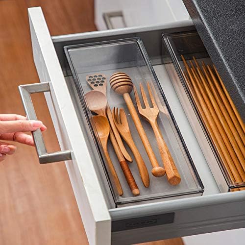 Transparent Flatware Tray Kitchen Drawer Organizer With Lid - Plastic Kitchen Cutlery Tray and Utensil Silverware Storage Container with Cover - Dinnerware Holder for Spoons Forks Knives - Image 2