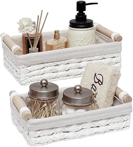 Storage Basket Wicker Baskets for Organizing with Handle Decorative Storage Bins for Countertop Toilet Paper Storage Basket for Toilet Tank Top Small Baskets Set (Set of 2,White) by Unknown