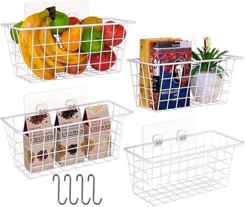 MaraFansie Wall Wire Baskets Adhesive Basket Hanging Kitchen Baskets No Drilling for Cabinet & Pantry Organization and Kitchen, Bathroom, Bedroom Storage, 4 Pack, White by MakeStorageMoreFun