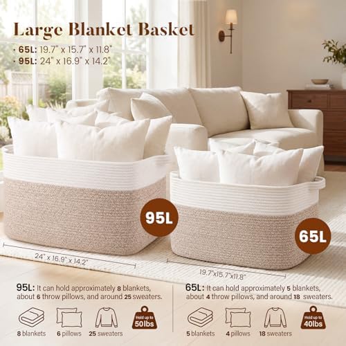 65L Large Woven Blanket Basket for Living Room, 19.7"x15.7"x11.8" - Image 3