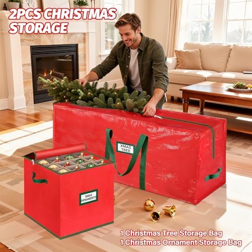 StorageRight Christmas Tree Bag & Ornament Storage Box Set, Water-Resistant 7.5 Ft Tree Storage & 64-Compartment Organizer with Dividers, Tag Pockets & Handles, Heavy-Duty Xmas Decor Containers, Red - Image 3