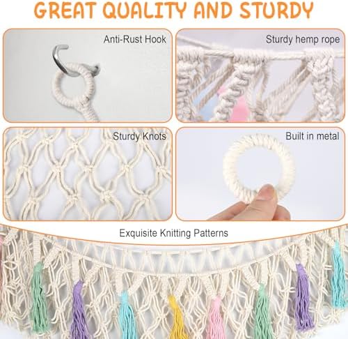 Bohemian Stuffed Animal Hammock, 51" Large Toy Storage Net for Plush Toys, Kids Room & Nursery Wall Hanging Organizer, Macrame Corner Storage, Baby Girl Room Decor Gift. - Image 5