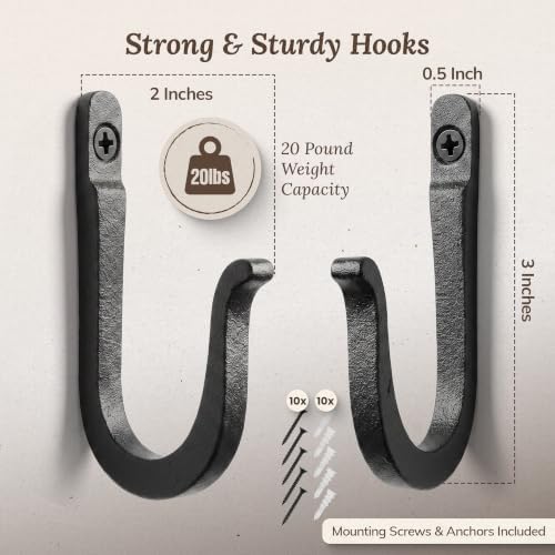 Railroad Spike Cast Iron Hooks (10 Pack) Handmade Blacksmith, Wall Mounted Farmhouse Decorative Hooks, PowderCoated for Interior or Exterior Use, Rust Proof for Hanging Coats, Bags or Pots (Black) - Image 3