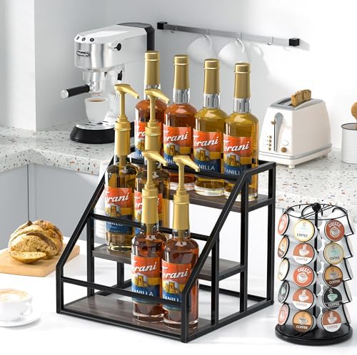 Coffee Syrup Rack Organizer, Spice Racks, Syrup Bottle Holder Stand for Coffee Bar, 3-Tier 12 Bottles Storage Shelves for Syrup, Wine, Dressing for Kitchen Countertop, Grey - Image 3