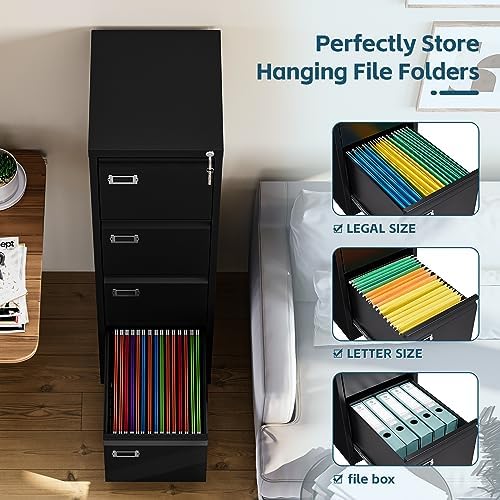MIIIKO 4 Drawer File Cabinet with Lock, Metal File Cabinets for Home Office,Vertical Filing Cabinets Office Storage Cabinet for Letter,Legal,A4,File Folders(Black) - Image 4