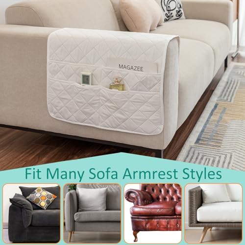 Armchair Caddy Remote Control Holder Sofa Organizer, Non-Slip Couch Arm Chair Caddy with 6 Pockets for Tablets,Smart Phone,Books,Pens,Magazines,Ipad (Off-White) - Image 6