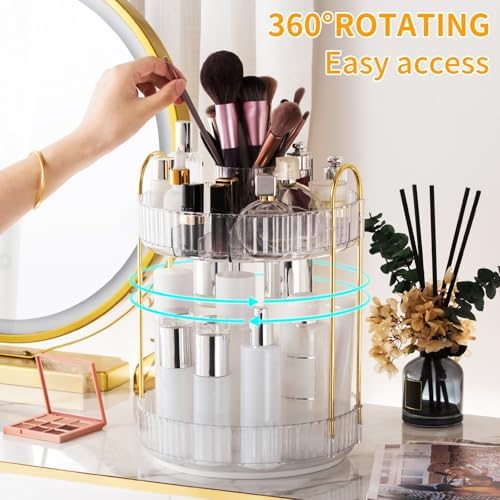 360° Rotating Makeup Organizer, Large-Capacity Skincare Make Up Storage 2 Tier Perfume Organizers Cosmetic Dresser Organizer with Makeup Brush Holder, Fits Bedroom, Bathroom, Vanity Shelf Countertop - Image 3