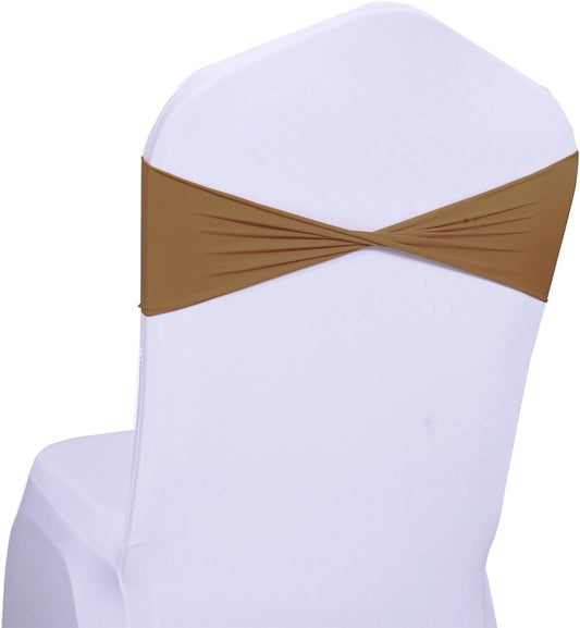 MDS Pack of 75 Spandex Chair Sashes Bows Elastic Stretch Dining Chair Bands Ties Without Slider Buckle Universal fits for Wedding Baby Shower Birthday Party Banquet Event Decoration - Mocha